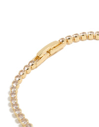 Displaying a gold plated cubic zirconia oval tennis bracelet with clear stones closure detail view - link has visual effect only