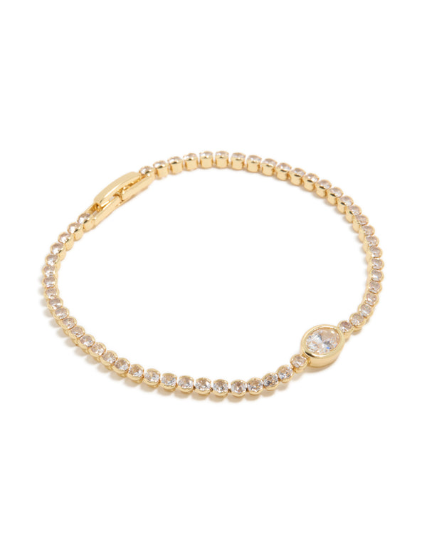 Showcasing a gold plated cubic zirconia oval tennis bracelet with clear stones front view