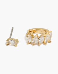 Gold Plated Marquise Cubic Zirconia Huggie & Stud Earrings 2-Pack - link has visual effect only