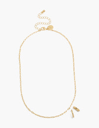 Gold Plain Chain & Huggie Earrings Set - link has visual effect only