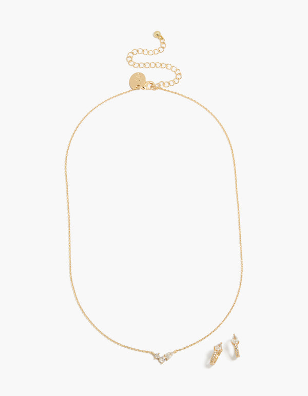 Gold Plated Cubic Zirconia Huggie Earrings & Necklace Set