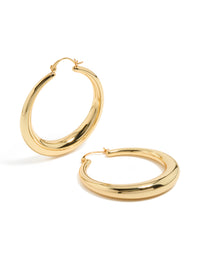 Showcasing gold plated thick thin hoop earrings with closure front view - link has visual effect only
