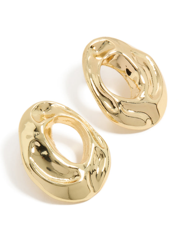 Showcasing gold plated open organic circle stud earrings front view
