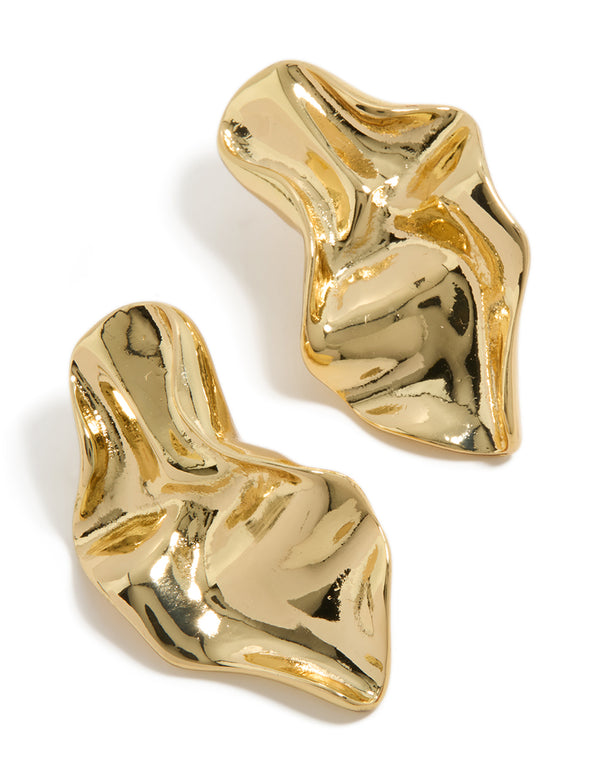 Presenting gold plated wavy organic drop stud earrings with a polished finish front view