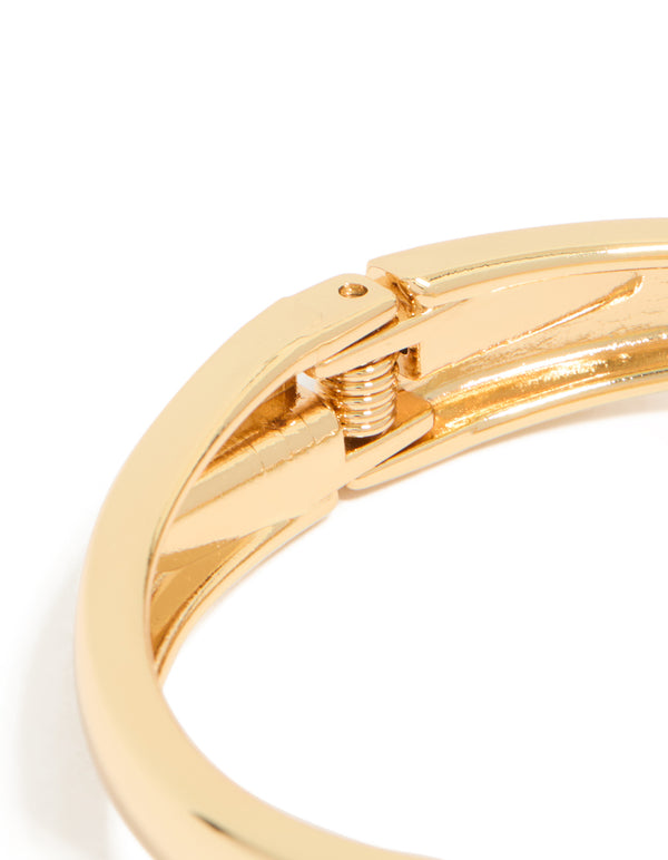 Detailed gold plated flat teardrop hinged bangle closure detail view