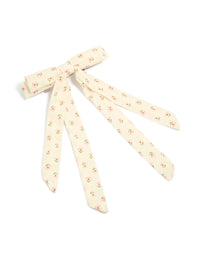 Showcasing a cream pink flowers printed fabric bow clip with ivory and light pink floral pattern featuring olive drab leaf accents front view - link has visual effect only