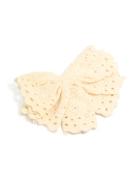 Cream broderie triple layered fabric bow hair clip with floral detailing front view - link has visual effect only