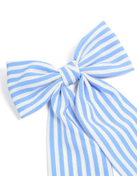 Crafted from fabric, this bow hair clip showcases a striped design in light blue and white detail view - link has visual effect only