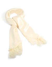 Showcasing a solid cream satin long scarf with lace edge front view - link has visual effect only