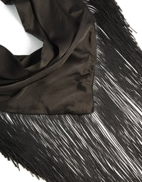 Elegant tassel fringe scarf in solid black fabric detail view - link has visual effect only