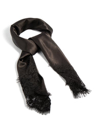 Beautifully crafted fabric lace edged long scarf in black front view - link has visual effect only