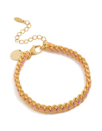 Showcasing a waterproof gold plated stainless steel bracelet accents and purple thread yarn in gold front view - link has visual effect only