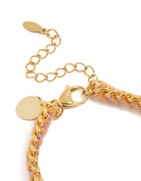 Featuring waterproof gold plated stainless steel and purple thread yarn bracelet closure detail view - link has visual effect only