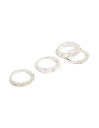 Beautifully crafted silver plated diamante inlay and band rings 4-pack with stackable design front view - link has visual effect only