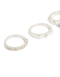 Showcase of silver plated diamante inlay and band rings 4-pack featuring stackable design side detail view - link has visual effect only