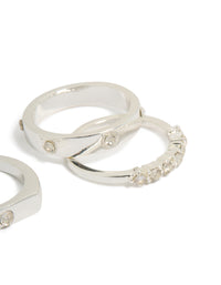 Elegant silver plated diamante inlay and band rings 4-pack with stackable design close up view - link has visual effect only