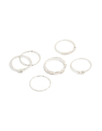 Showcasing silver plated diamante and twisted rings 6-pack with statement styling in solitaire stone cut front view - link has visual effect only