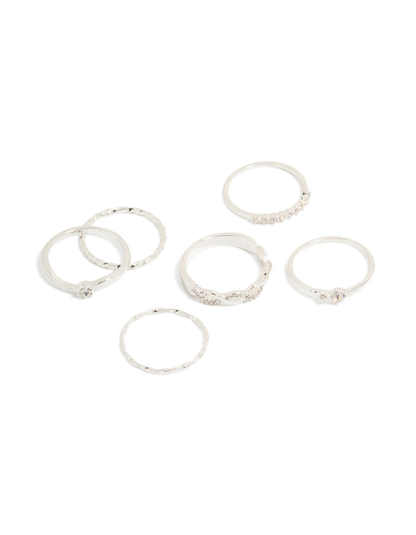 Showcasing silver plated diamante and twisted rings 6-pack with statement styling in solitaire stone cut front view