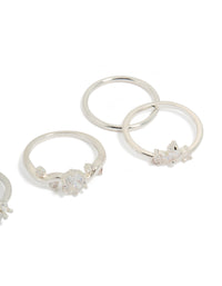 Elegantly crafted silver plated cubic zirconia marquise leaf rings 4-pack with crystal and clear stone accents side detail view - link has visual effect only