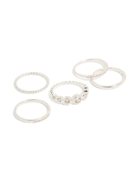 Discover silver plated cubic zirconia bezel rings 5-pack in clear front view - link has visual effect only