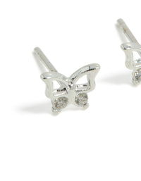 Featuring dainty butterfly stud earrings crafted from waterproof stainless steel in silver close up view - link has visual effect only
