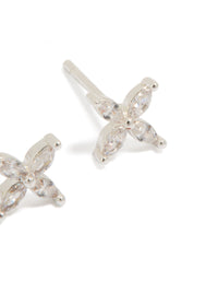 Stunning stainless steel cubic zirconia four petal stud earrings with floral design featuring plated closure in silver post detail view - link has visual effect only