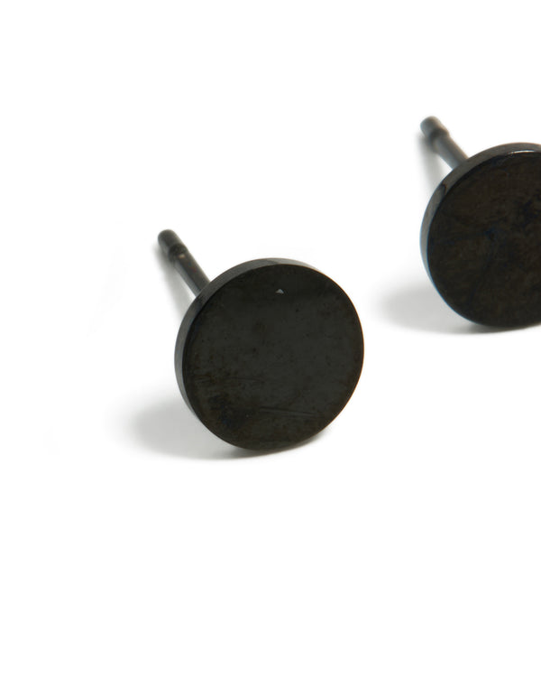 Showcasing 6 MM disc stud earrings in waterproof black coated stainless steel close up view
