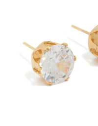 Explore waterproof statement stud earrings with gold plated stainless steel and 3 carat round cut cubic zirconia close up view - link has visual effect only