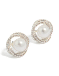 Elegant twist pearl stud earrings featuring cubic zirconia in silver plated finish front view - link has visual effect only