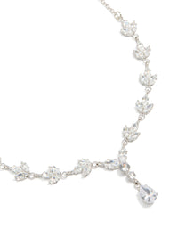 Showcasing a silver plated cubic zirconia marquise vine Y-necklace with floral leaf design in statement style close up view - link has visual effect only