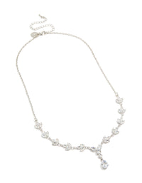 Featuring a silver plated cubic zirconia marquise vine Y-necklace with floral leaf design in statement style front view - link has visual effect only