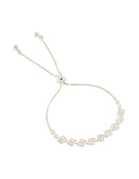 Elegant silver plated cubic zirconia flower detail toggle bracelet front view - link has visual effect only