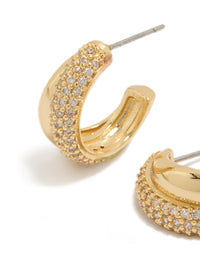 Gold Plated Cubic Zirconia Pavé & Plain Layered Hoop Earrings with crystal detailing and hoop closure in gold close up view - link has visual effect only