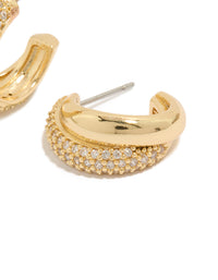 Gold Plated Cubic Zirconia Pavé & Plain Layered Hoop Earrings showcasing crystal embellishments and hoop closure in gold post detail view - link has visual effect only