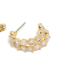 Presenting gold plated cubic zirconia double layered small hoop earrings highlighting the post detail view - link has visual effect only