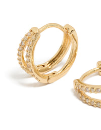 Discover small double layered huggie earrings featuring cubic zirconia in silver close up view - link has visual effect only