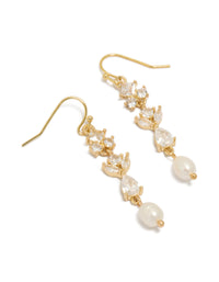 Beautifully crafted gold plated cubic zirconia and freshwater pearl vine hook drop earrings with charm details front view - link has visual effect only