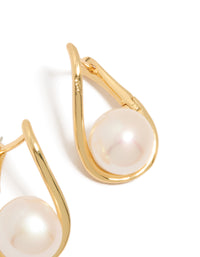 Elegant gold plated freshwater pearl twist hoop earrings in ivory post detail view - link has visual effect only