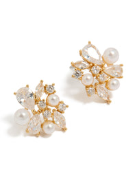 Beautifully crafted gold plated cubic zirconia and pearl cluster stud earrings front view - link has visual effect only