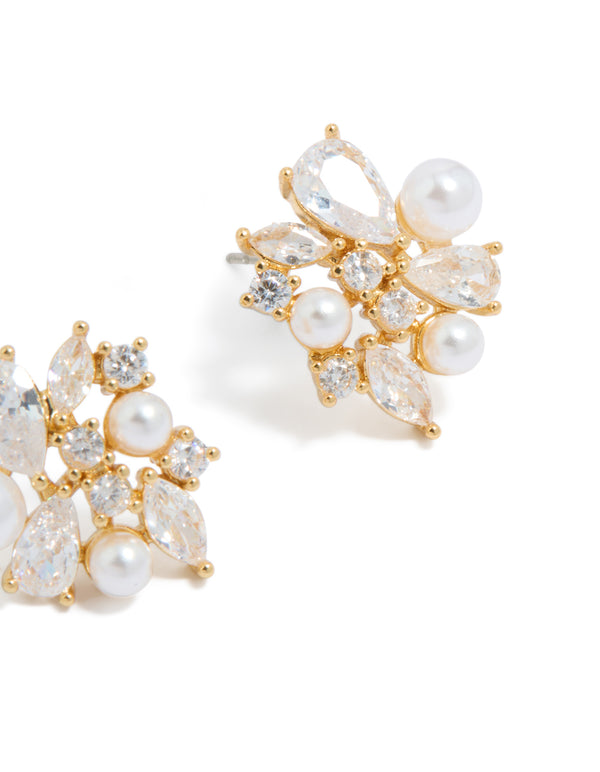 Elegantly designed gold plated cubic zirconia and pearl cluster stud earrings post detail view