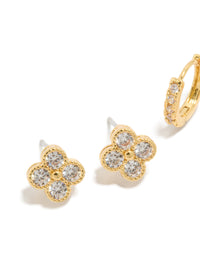 Highlighting gold plated flower earrings with clear stones close up view - link has visual effect only