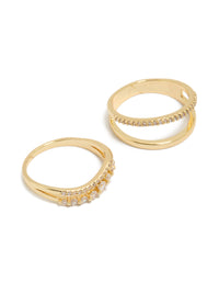 Featuring gold plated cubic zirconia woven pavé rings 3-pack with statement design close up view - link has visual effect only