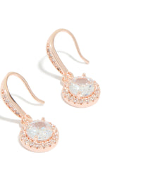 Showcasing rose gold plated cubic zirconia round halo drop earrings detail view - link has visual effect only