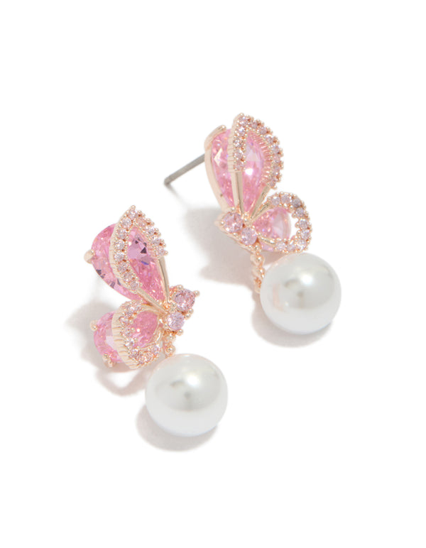 Elegant rose gold plated cubic zirconia butterfly pearl drop earrings front view