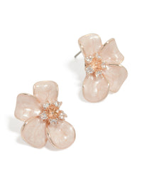 Showcasing rose gold plated diamante pink half flower earrings with featuring glitter details and stud closure front view - link has visual effect only
