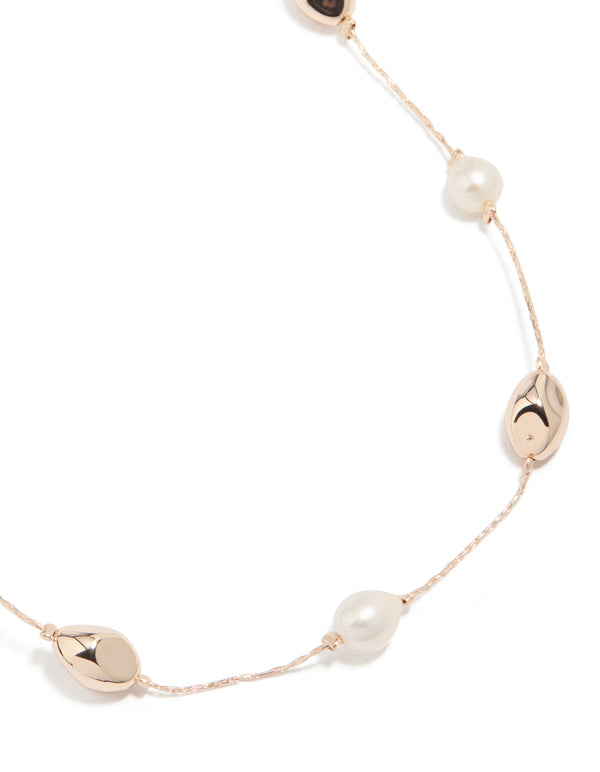 Rose Gold Plated Molten Beads  & Freshwater Pearls Adjustable Necklace