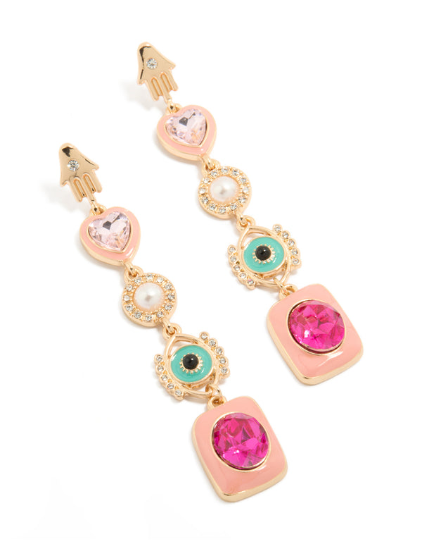 Showcasing gold enamel celestial drop earrings with evil-eye, pearl, heart, hamsa hand and charm details in pink and turquoise, statement style front view