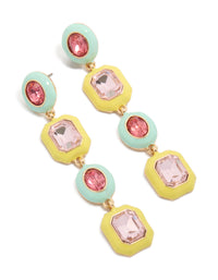 Showcasing statement diamentes drop earrings crafted from enamel with yellow, aquamarine, light pink and gold tones front view - link has visual effect only
