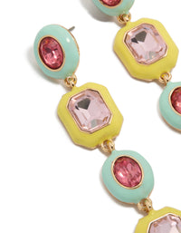Elegant statement diamentes drop earrings in enamel featuring yellow, aquamarine, light pink, and gold hues close up view - link has visual effect only