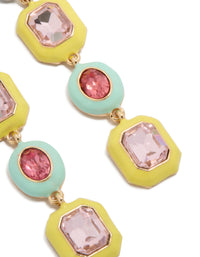 Beautiful statement diamentes drop earrings with enamel design in yellow, aquamarine, light pink, and gold shades post detail view - link has visual effect only